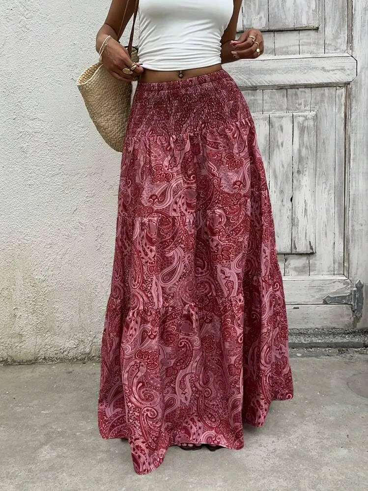ZAFUL Womens Summer Boho Maxi Skirts Bohemian Print Smocked High Wasited Flowy Tiered Ruffle Long Beach Skirt