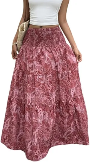 ZAFUL Womens Summer Boho Maxi Skirts Bohemian Print Smocked High Wasited Flowy Tiered Ruffle Long Beach Skirt