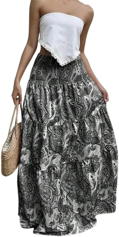 ZAFUL Womens Summer Boho Maxi Skirts Bohemian Print Smocked High Wasited Flowy Tiered Ruffle Long Beach Skirt