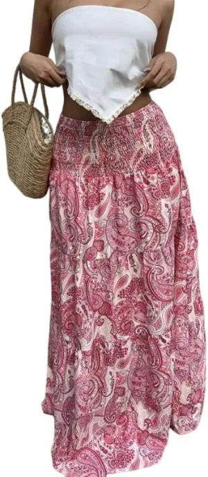 ZAFUL Womens Summer Boho Maxi Skirts Bohemian Print Smocked High Wasited Flowy Tiered Ruffle Long Beach Skirt