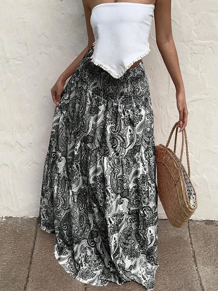 ZAFUL Womens Summer Boho Maxi Skirts Bohemian Print Smocked High Wasited Flowy Tiered Ruffle Long Beach Skirt