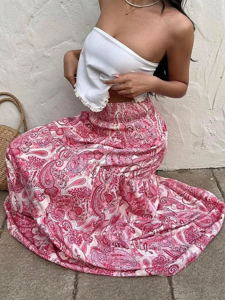 ZAFUL Womens Summer Boho Maxi Skirts Bohemian Print Smocked High Wasited Flowy Tiered Ruffle Long Beach Skirt