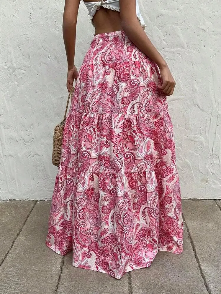ZAFUL Womens Summer Boho Maxi Skirts Bohemian Print Smocked High Wasited Flowy Tiered Ruffle Long Beach Skirt
