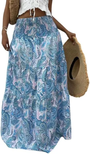 ZAFUL Womens Summer Boho Maxi Skirts Bohemian Print Smocked High Wasited Flowy Tiered Ruffle Long Beach Skirt