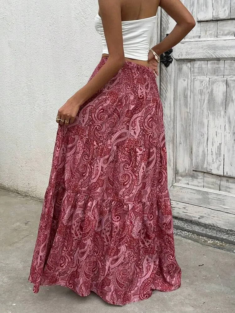 ZAFUL Womens Summer Boho Maxi Skirts Bohemian Print Smocked High Wasited Flowy Tiered Ruffle Long Beach Skirt