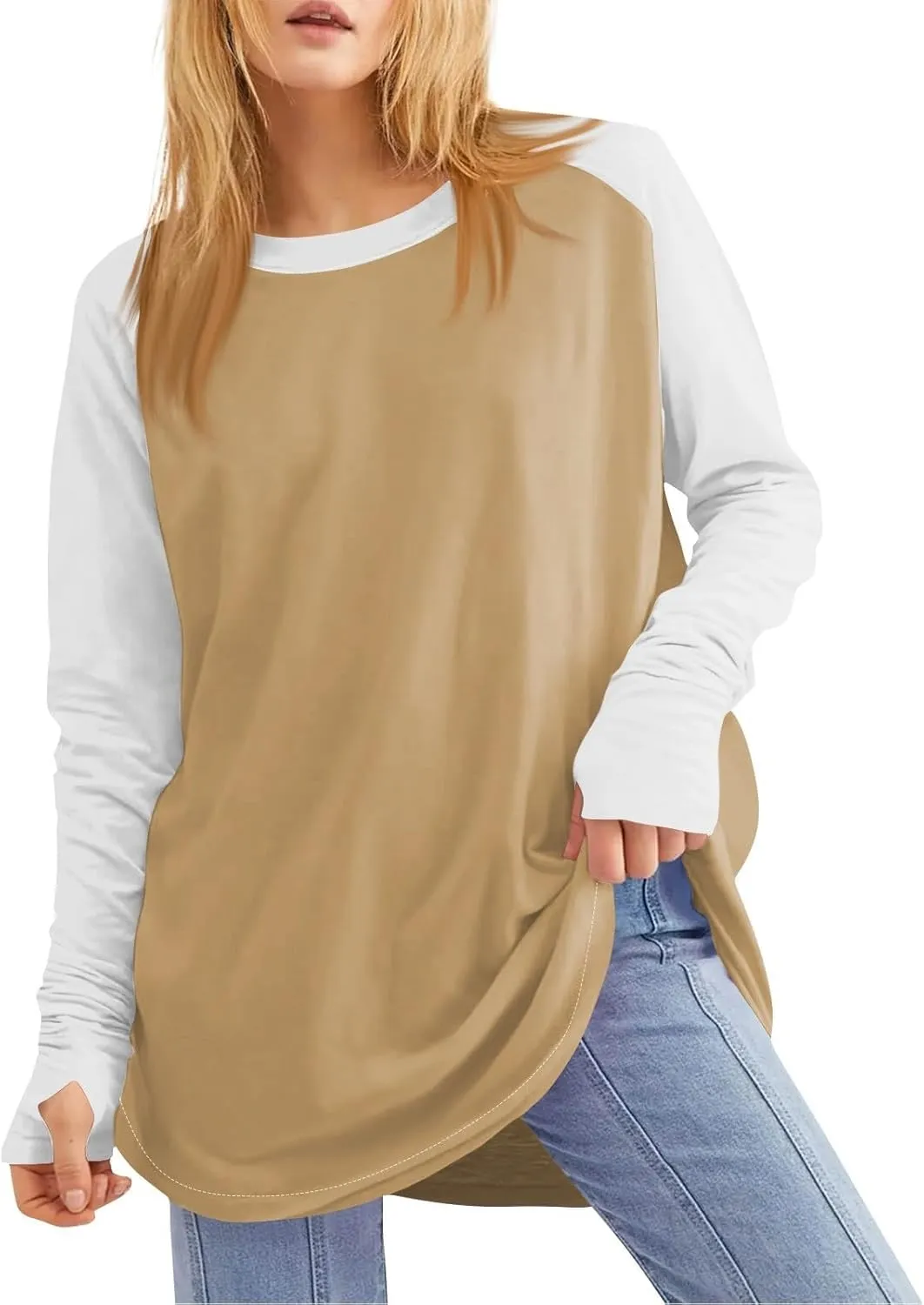 ZDRZK Oversized Sweatshirt For Women Color Block Long Sleeve Thumb Hole Pullover Tops Crewneck Casual Lightweight Shirts