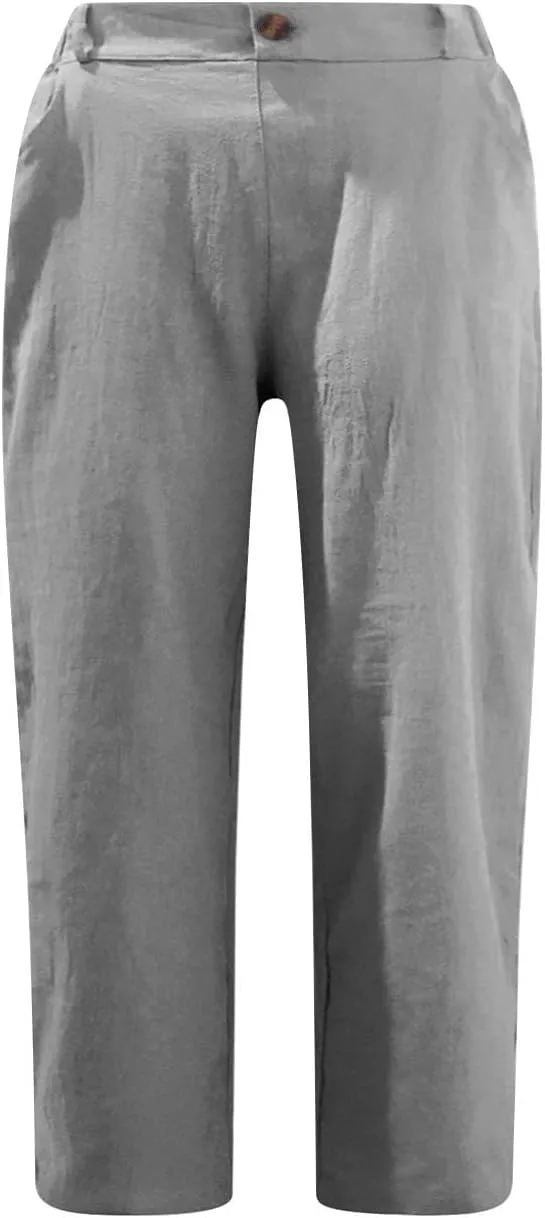 ZDRZK Summer Pants for Women 2023 Trendy High Waist Wide Leg Linen Capri Pant Loose Comfy Capris Trousers with Pockets