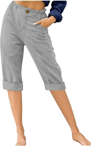 ZDRZK Summer Pants for Women 2023 Trendy High Waist Wide Leg Linen Capri Pant Loose Comfy Capris Trousers with Pockets