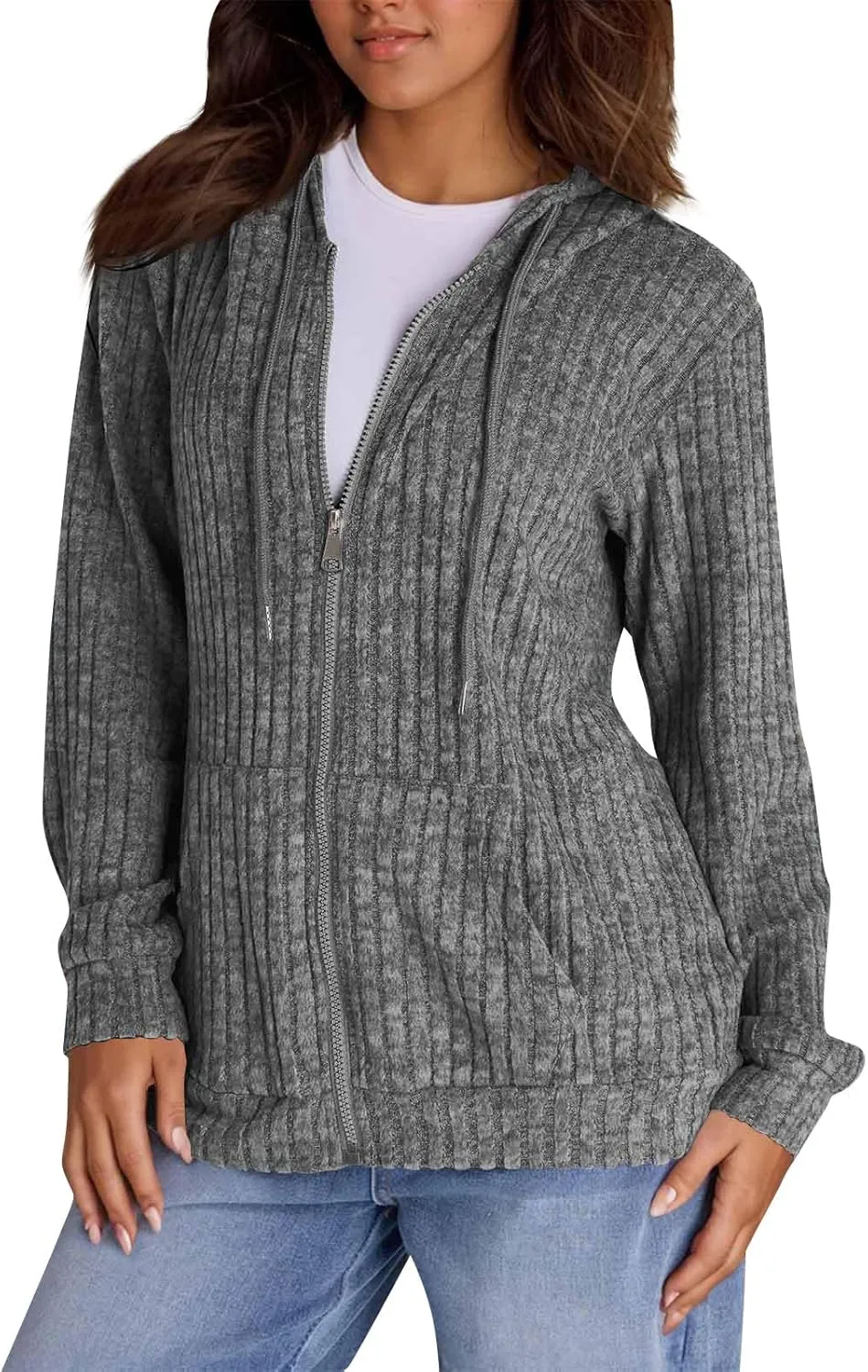 Zip Up Hoodie Women Knitted Lightweight Sweaters Workout Oversized Sweatshirt Open Front Cardigan with Pockets