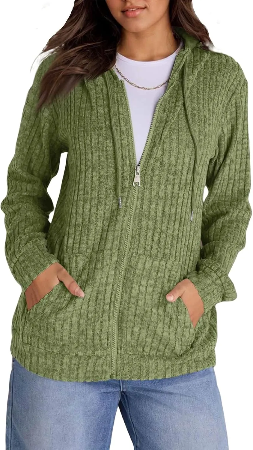 Zip Up Hoodie Women Knitted Lightweight Sweaters Workout Oversized Sweatshirt Open Front Cardigan with Pockets