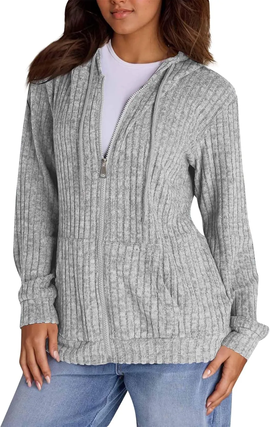 Zip Up Hoodie Women Knitted Lightweight Sweaters Workout Oversized Sweatshirt Open Front Cardigan with Pockets