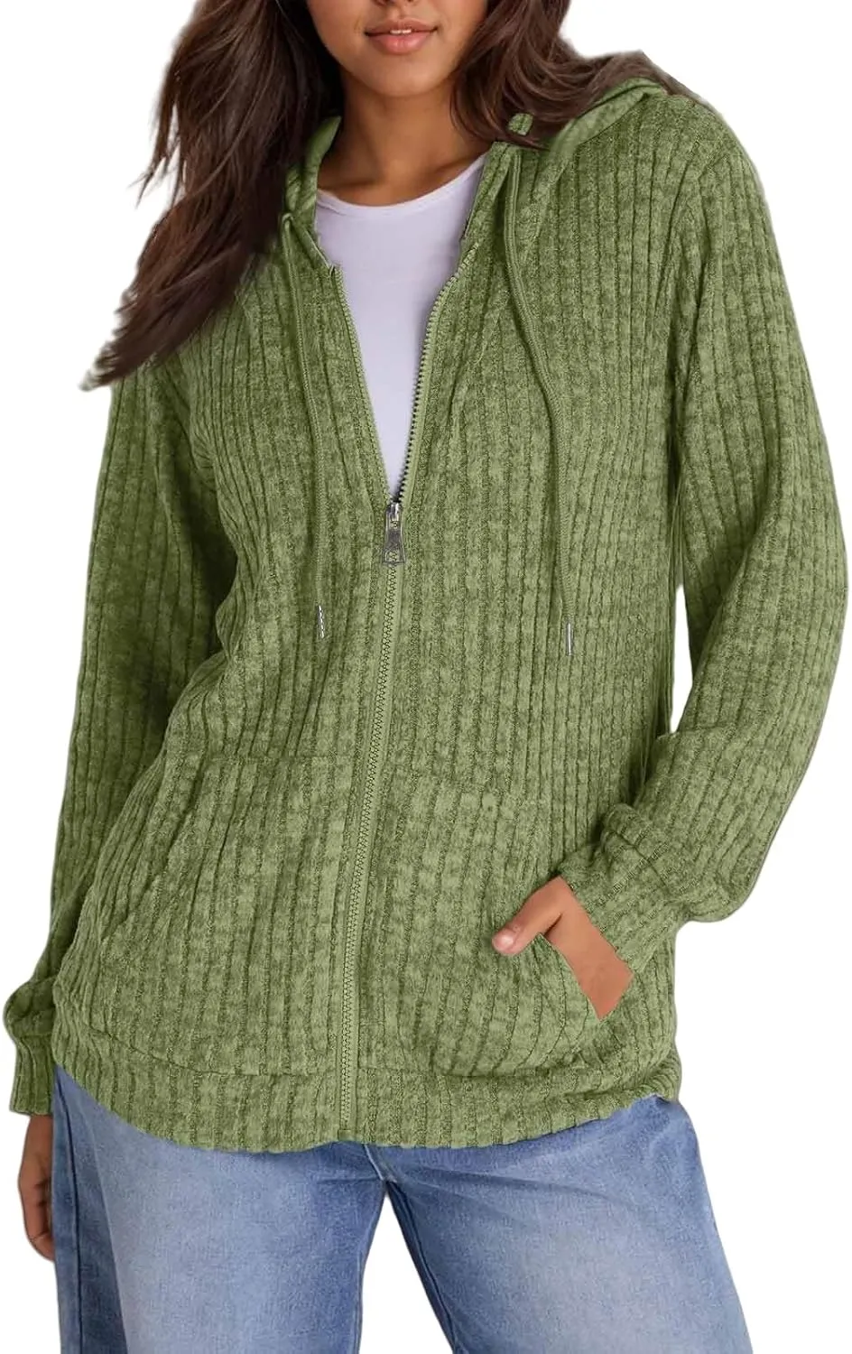 Zip Up Hoodie Women Knitted Lightweight Sweaters Workout Oversized Sweatshirt Open Front Cardigan with Pockets