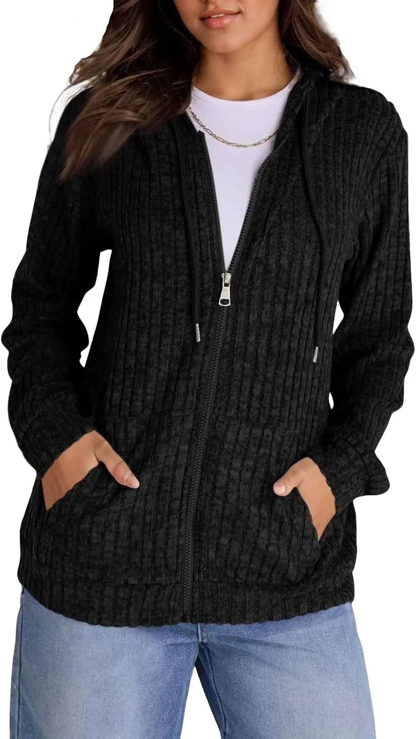 Zip Up Hoodie Women Knitted Lightweight Sweaters Workout Oversized Sweatshirt Open Front Cardigan with Pockets