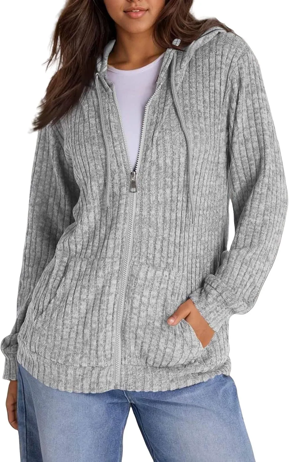 Zip Up Hoodie Women Knitted Lightweight Sweaters Workout Oversized Sweatshirt Open Front Cardigan with Pockets