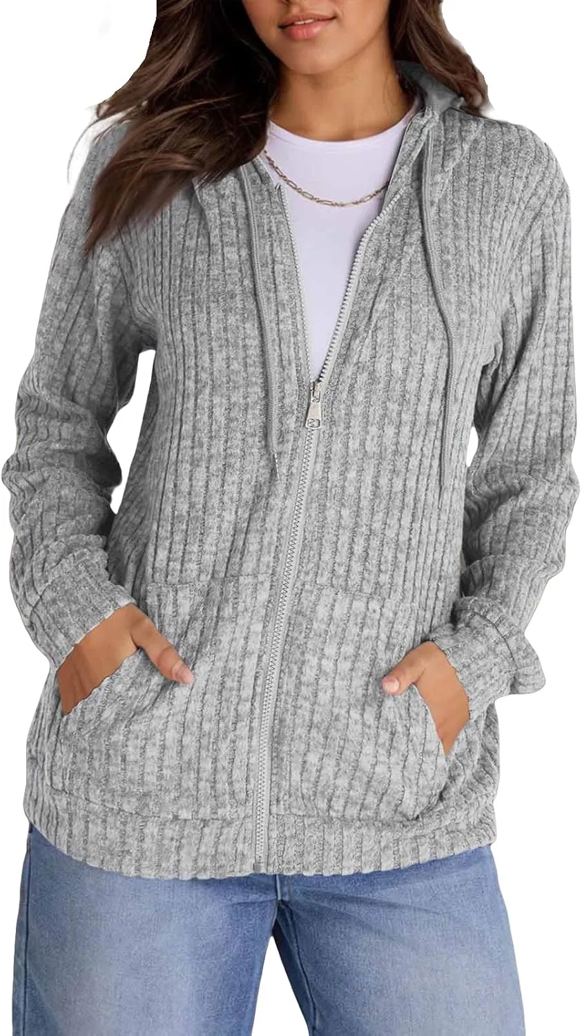 Zip Up Hoodie Women Knitted Lightweight Sweaters Workout Oversized Sweatshirt Open Front Cardigan with Pockets