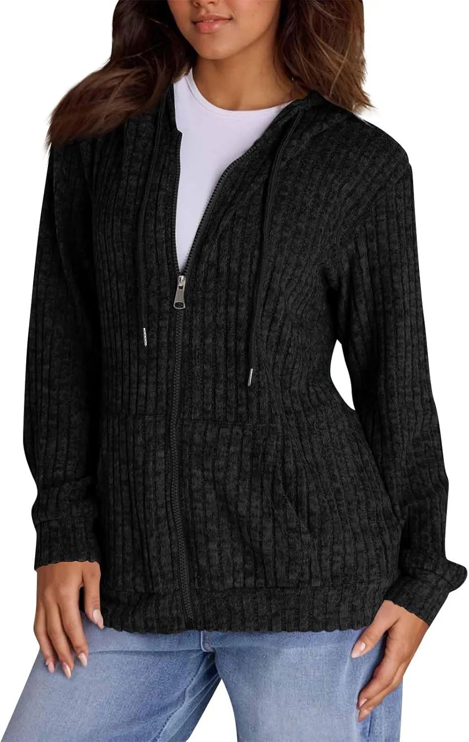 Zip Up Hoodie Women Knitted Lightweight Sweaters Workout Oversized Sweatshirt Open Front Cardigan with Pockets