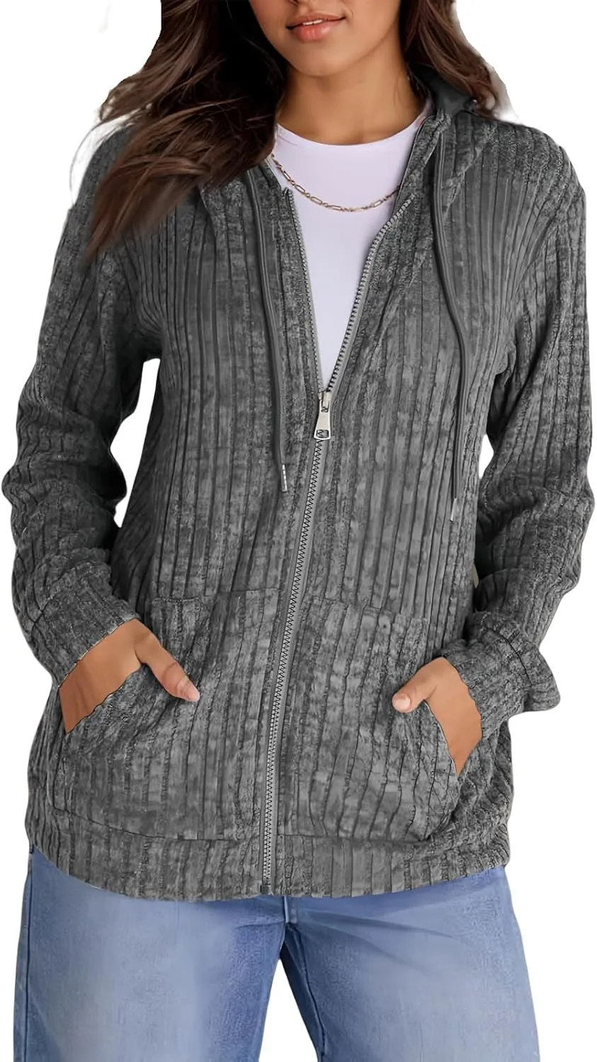 Zip Up Hoodie Women Knitted Lightweight Sweaters Workout Oversized Sweatshirt Open Front Cardigan with Pockets