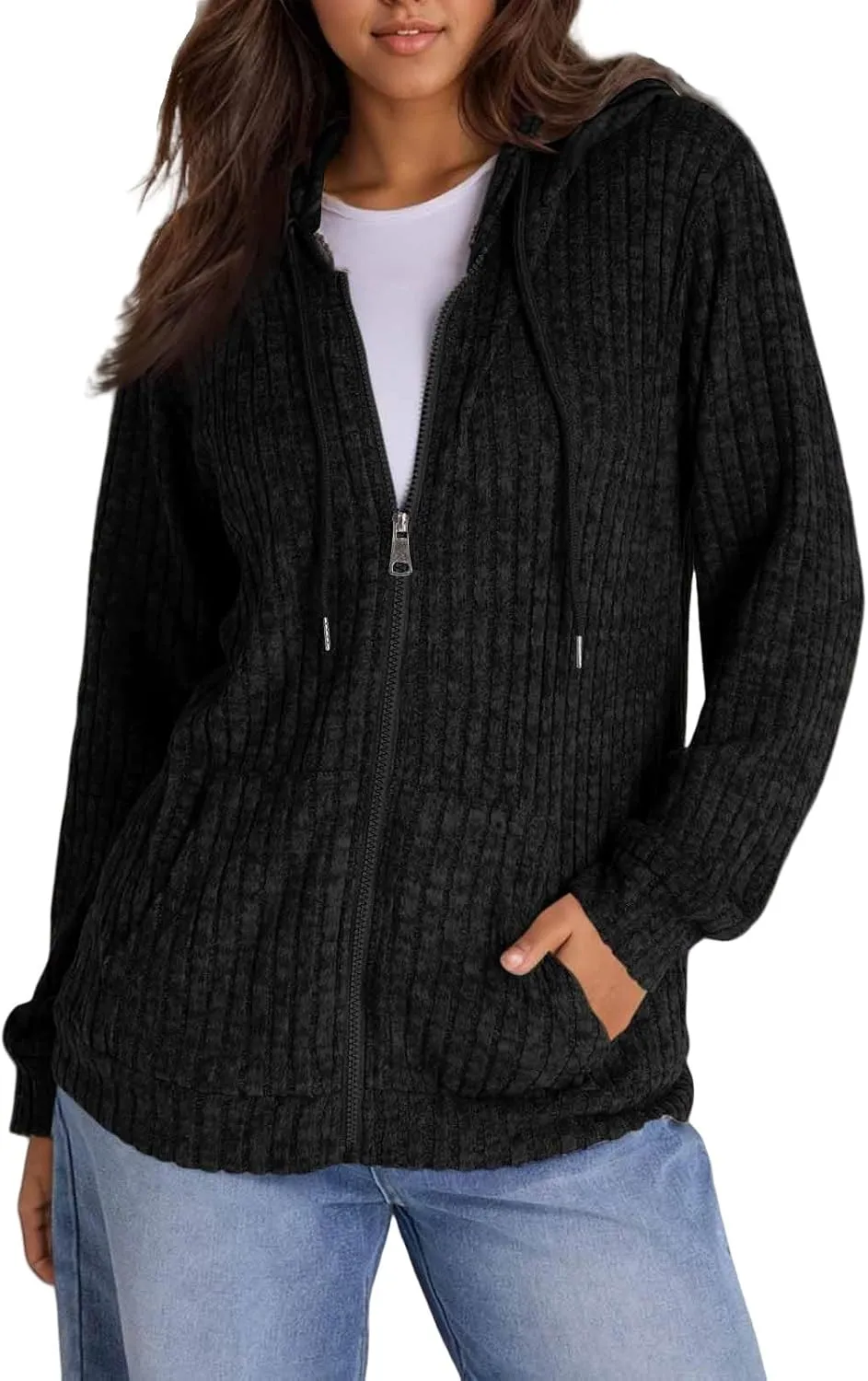 Zip Up Hoodie Women Knitted Lightweight Sweaters Workout Oversized Sweatshirt Open Front Cardigan with Pockets