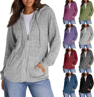 Zip Up Hoodie Women Knitted Lightweight Sweaters Workout Oversized Sweatshirt Open Front Cardigan with Pockets
