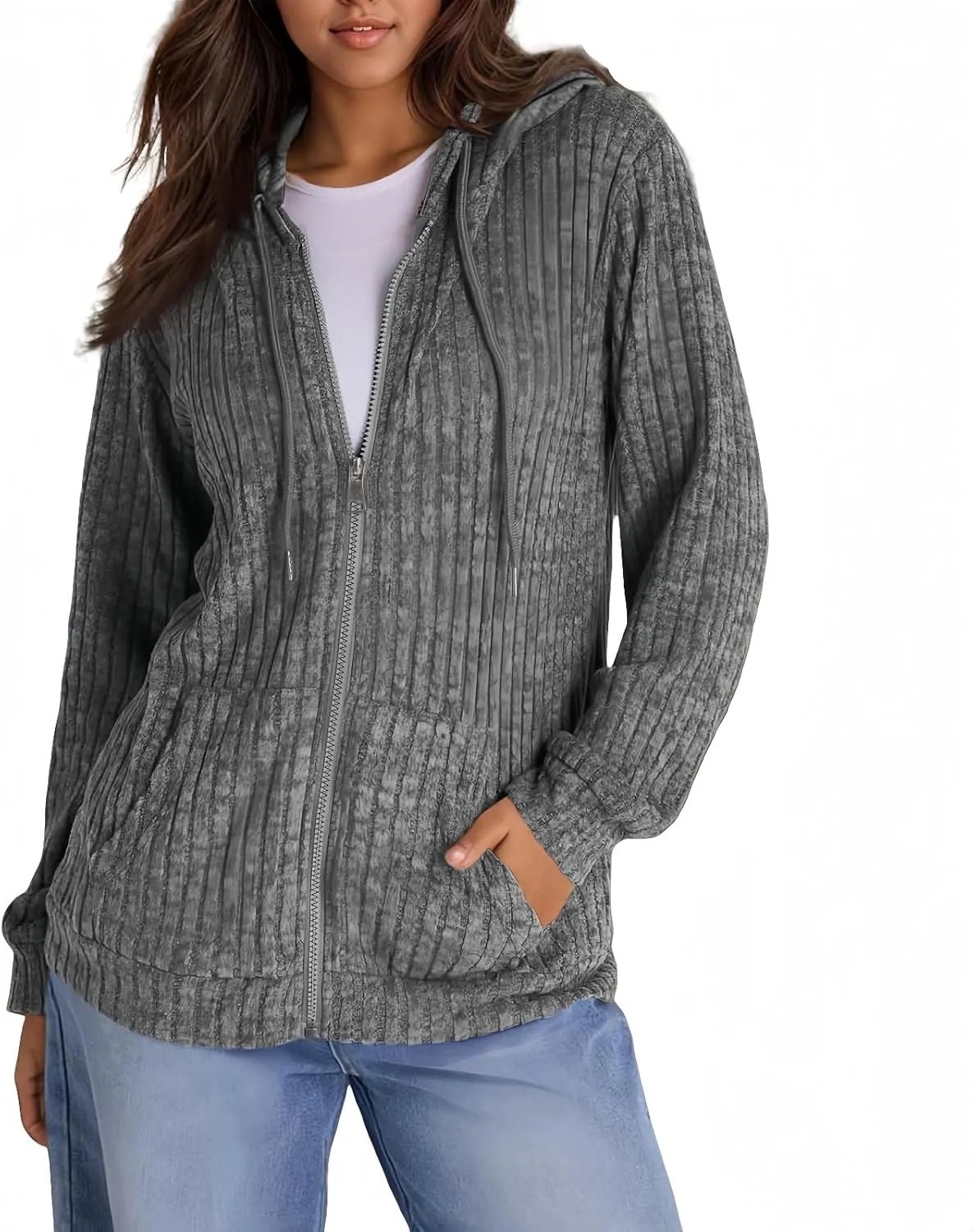 Zip Up Hoodie Women Knitted Lightweight Sweaters Workout Oversized Sweatshirt Open Front Cardigan with Pockets
