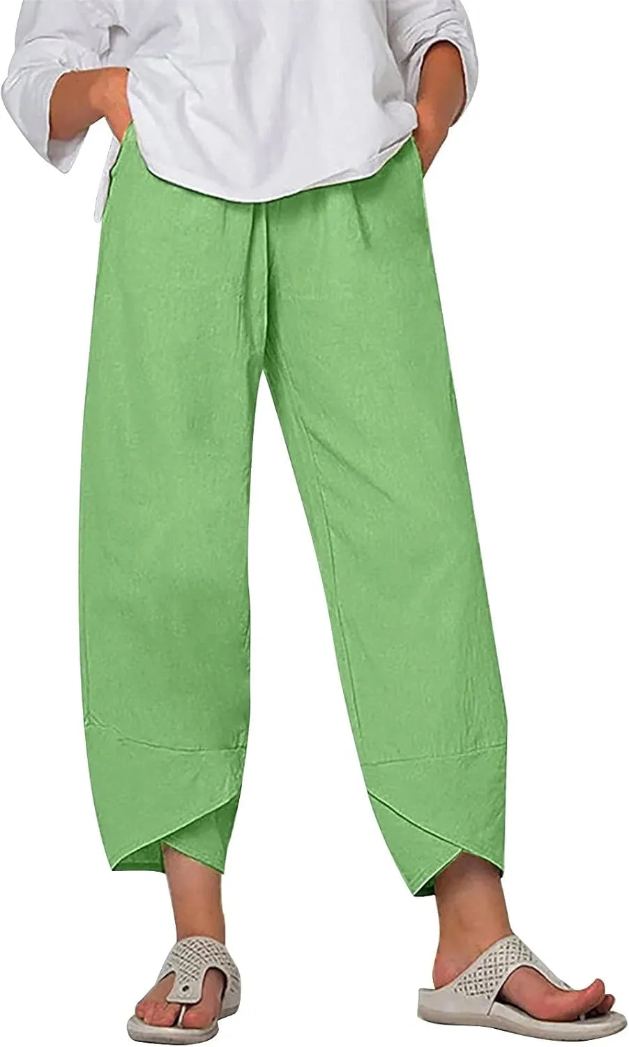 ZOCAVIA Women's Cotton Linen Capri Pants Casual Cropped Baggy Trousers Comfy Loose Palazzo Lounge Pants with Pockets