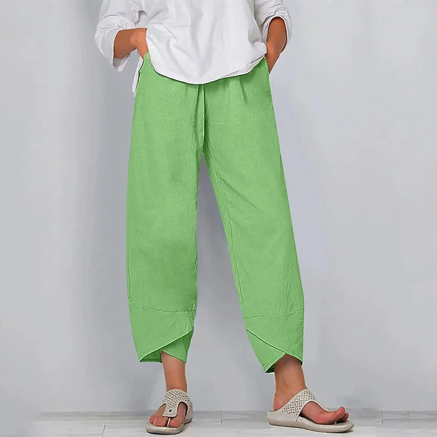 ZOCAVIA Women's Cotton Linen Capri Pants Casual Cropped Baggy Trousers Comfy Loose Palazzo Lounge Pants with Pockets