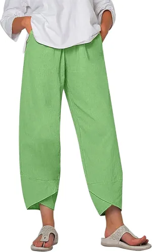 ZOCAVIA Women's Cotton Linen Capri Pants Casual Cropped Baggy Trousers Comfy Loose Palazzo Lounge Pants with Pockets