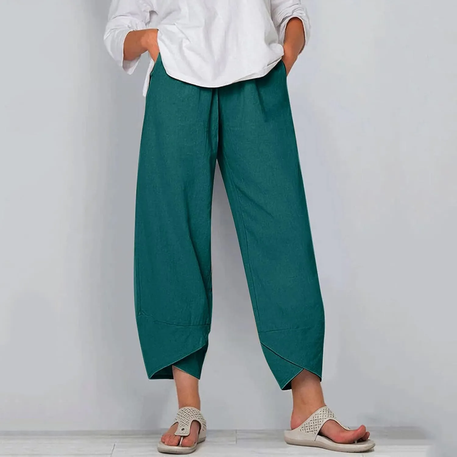 ZOCAVIA Women's Cotton Linen Capri Pants Casual Cropped Baggy Trousers Comfy Loose Palazzo Lounge Pants with Pockets