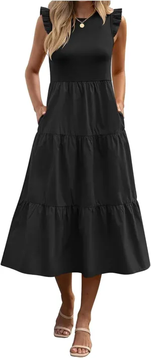 ZWRXW Dresses for Women Ruffle Cap Sleeve Summer Tunic Dress Tiered A Line Midi Dress Flowy Beach Party Dresses with Pockets