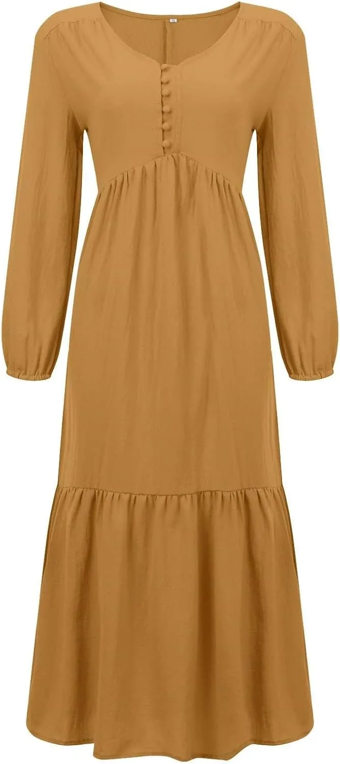 ZWRXW Womens Fall Fashion Linen Dresses Button Front V Neck Pleated Dress Long Sleeve Tiered Ruffle Maxi Dress with Pockets