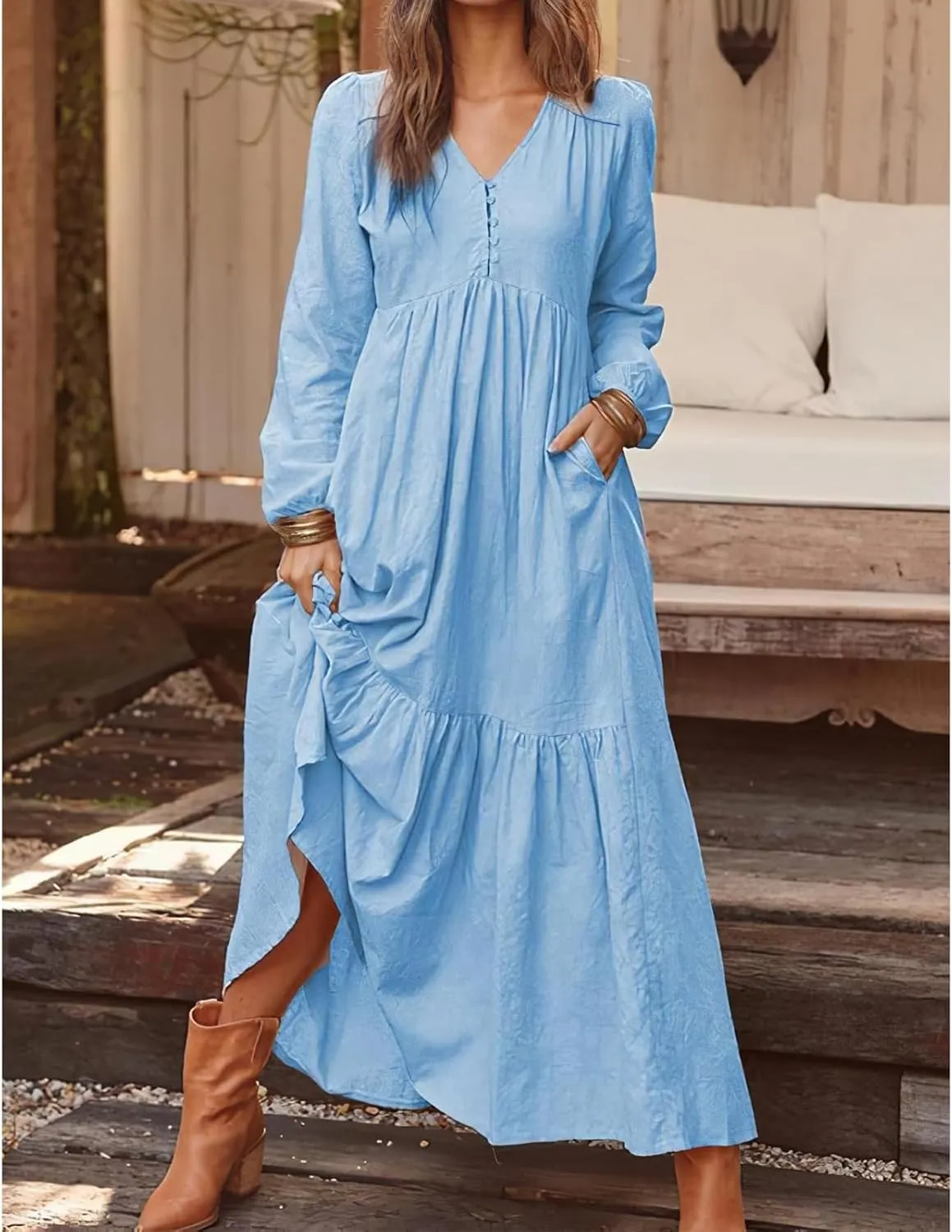 ZWRXW Womens Fall Fashion Linen Dresses Button Front V Neck Pleated Dress Long Sleeve Tiered Ruffle Maxi Dress with Pockets