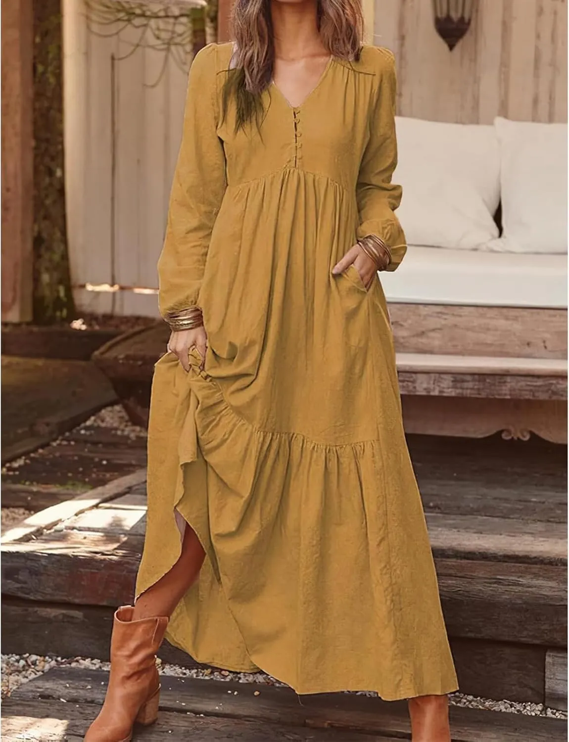 ZWRXW Womens Fall Fashion Linen Dresses Button Front V Neck Pleated Dress Long Sleeve Tiered Ruffle Maxi Dress with Pockets
