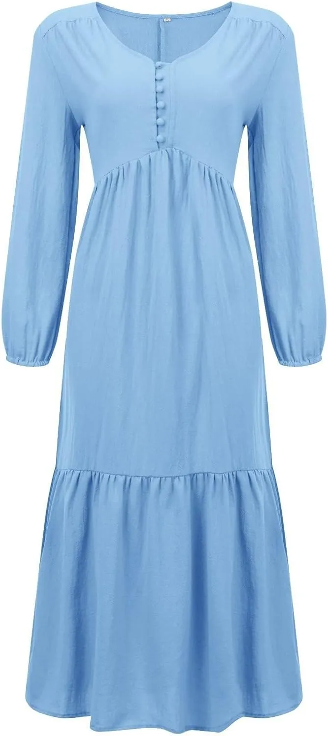 ZWRXW Womens Fall Fashion Linen Dresses Button Front V Neck Pleated Dress Long Sleeve Tiered Ruffle Maxi Dress with Pockets