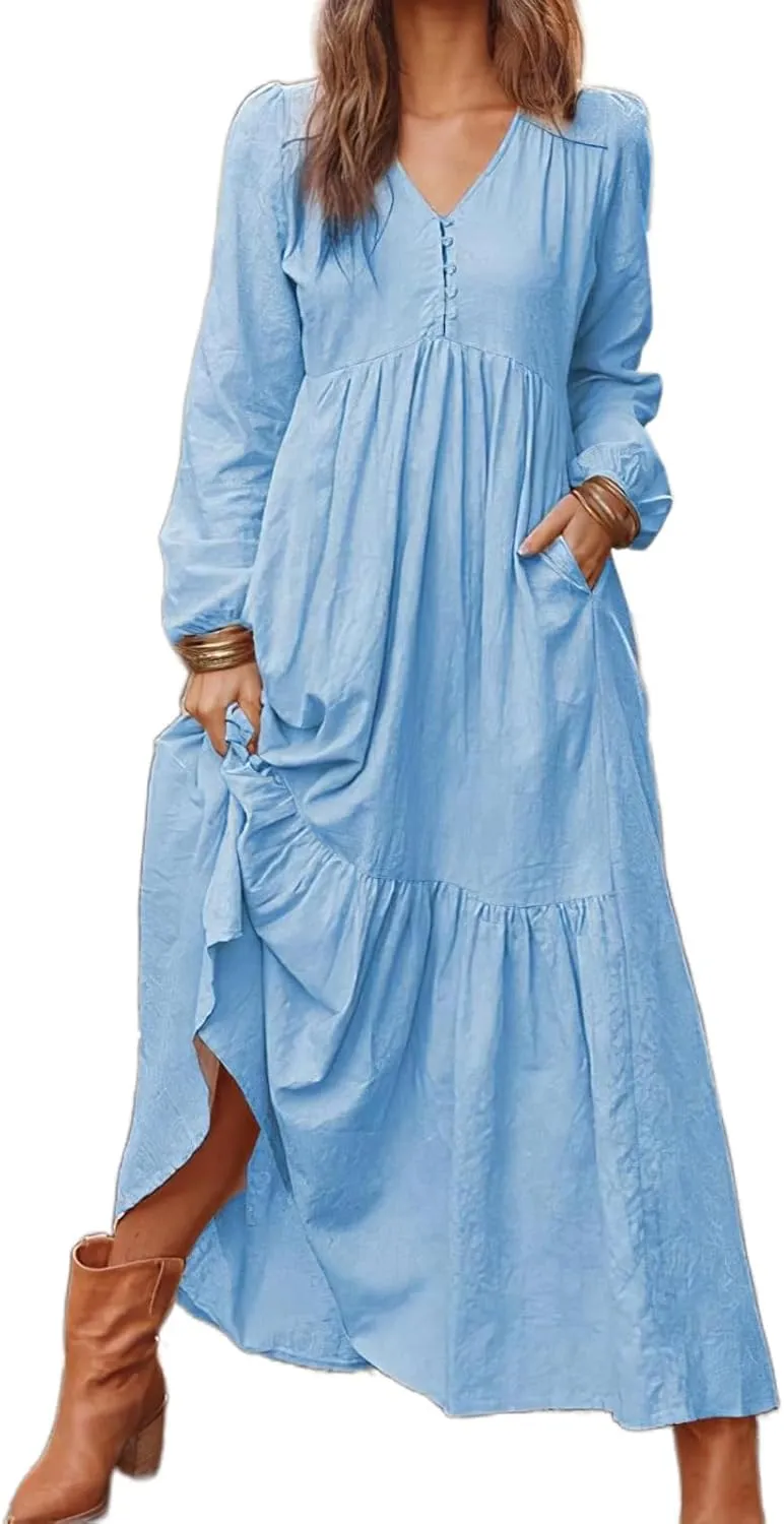 ZWRXW Womens Fall Fashion Linen Dresses Button Front V Neck Pleated Dress Long Sleeve Tiered Ruffle Maxi Dress with Pockets
