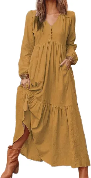 ZWRXW Womens Fall Fashion Linen Dresses Button Front V Neck Pleated Dress Long Sleeve Tiered Ruffle Maxi Dress with Pockets