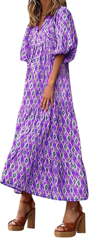 ZWRXW Womens Summer Boho Dresses Casual Loose Bohemian Floral Dress Short Sleeve Long Maxi Dress Flowy Swing Beach Dresses