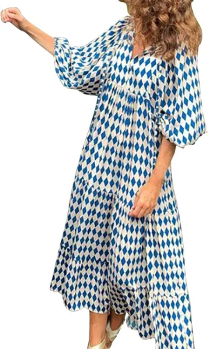 ZWRXW Womens Summer Boho Dresses Casual Loose Bohemian Floral Dress Short Sleeve Long Maxi Dress Flowy Swing Beach Dresses
