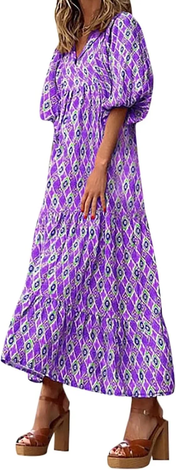 ZWRXW Womens Summer Boho Dresses Casual Loose Bohemian Floral Dress Short Sleeve Long Maxi Dress Flowy Swing Beach Dresses