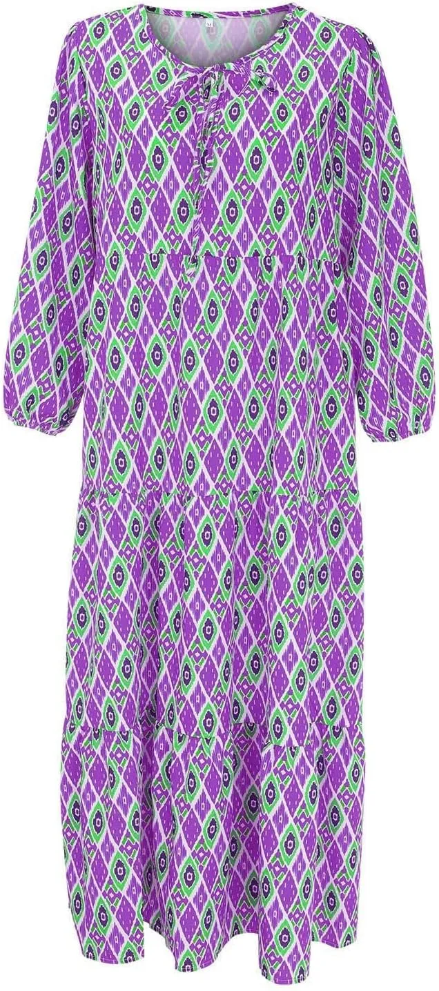 ZWRXW Womens Summer Boho Dresses Casual Loose Bohemian Floral Dress Short Sleeve Long Maxi Dress Flowy Swing Beach Dresses