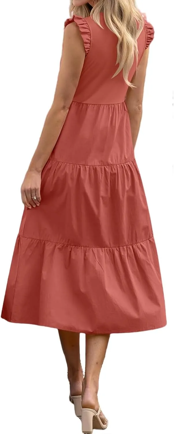 ZWRXW Women's Summer Dresses Casual Flutter Cap Sleeve Dress A-Line Flowy Tiered Beach Midi Dress Trendy Outfits with Pockets