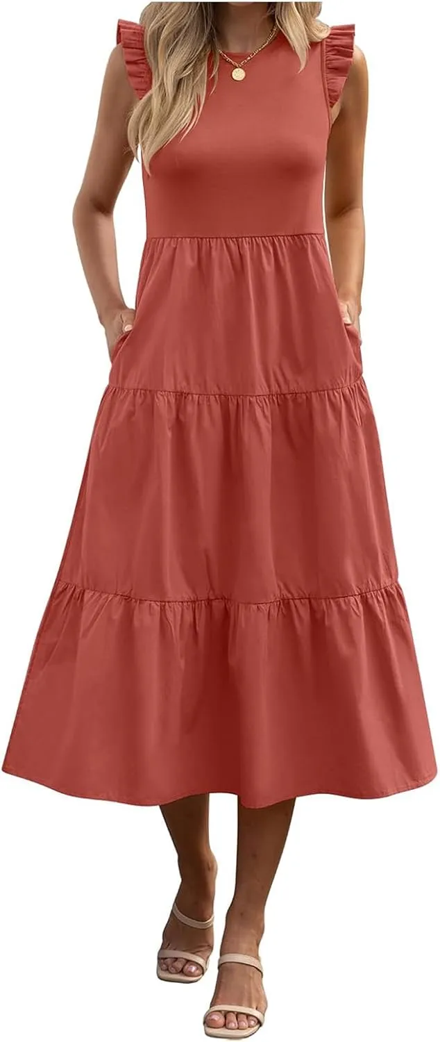 ZWRXW Women's Summer Dresses Casual Flutter Cap Sleeve Dress A-Line Flowy Tiered Beach Midi Dress Trendy Outfits with Pockets