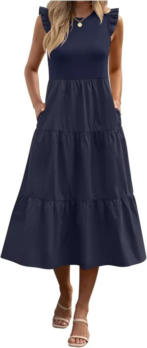 ZWRXW Women's Summer Dresses Casual Flutter Cap Sleeve Dress A-Line Flowy Tiered Beach Midi Dress Trendy Outfits with Pockets