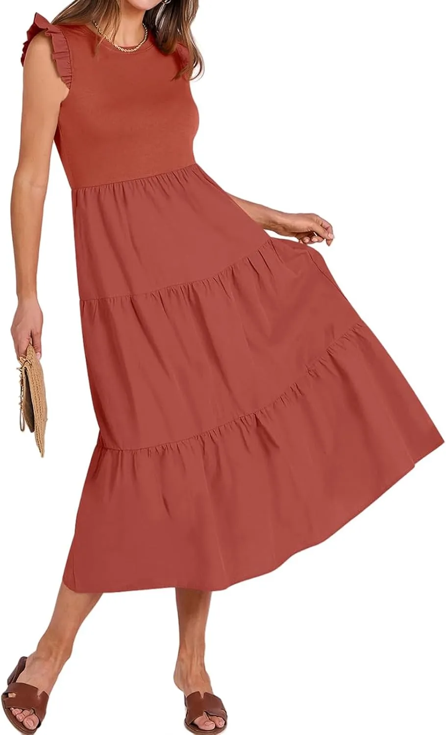 ZWRXW Women's Summer Dresses Casual Flutter Cap Sleeve Dress A-Line Flowy Tiered Beach Midi Dress Trendy Outfits with Pockets