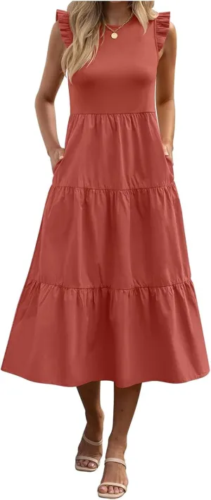 ZWRXW Women's Summer Dresses Casual Flutter Cap Sleeve Dress A-Line Flowy Tiered Beach Midi Dress Trendy Outfits with Pockets