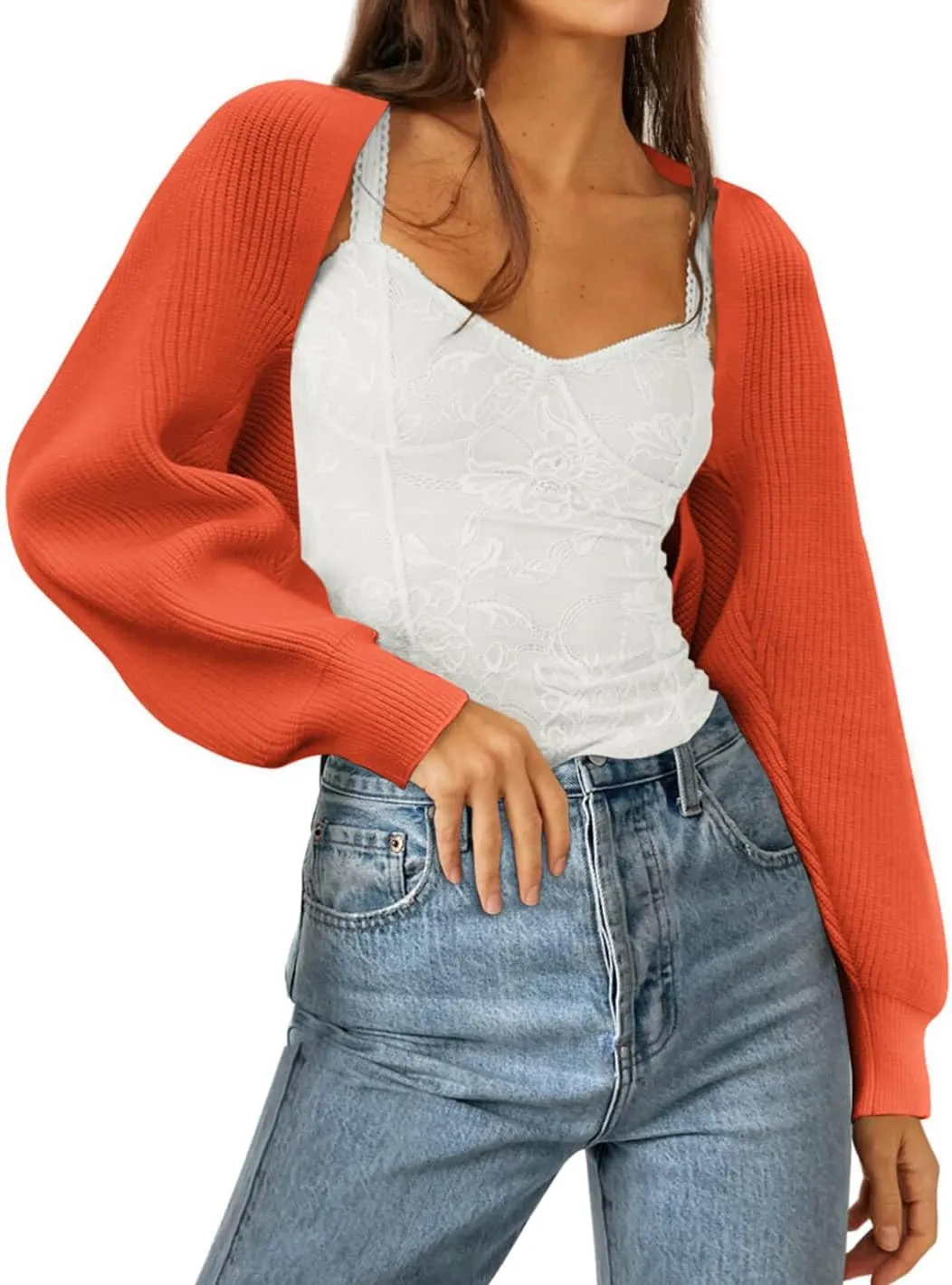 Zwurew Women's Bolero Shrug Sweater 2024 Knitted Long Sleeve Open Front Cropped Cardigan Shrugs Sweaters Y2K Tops
