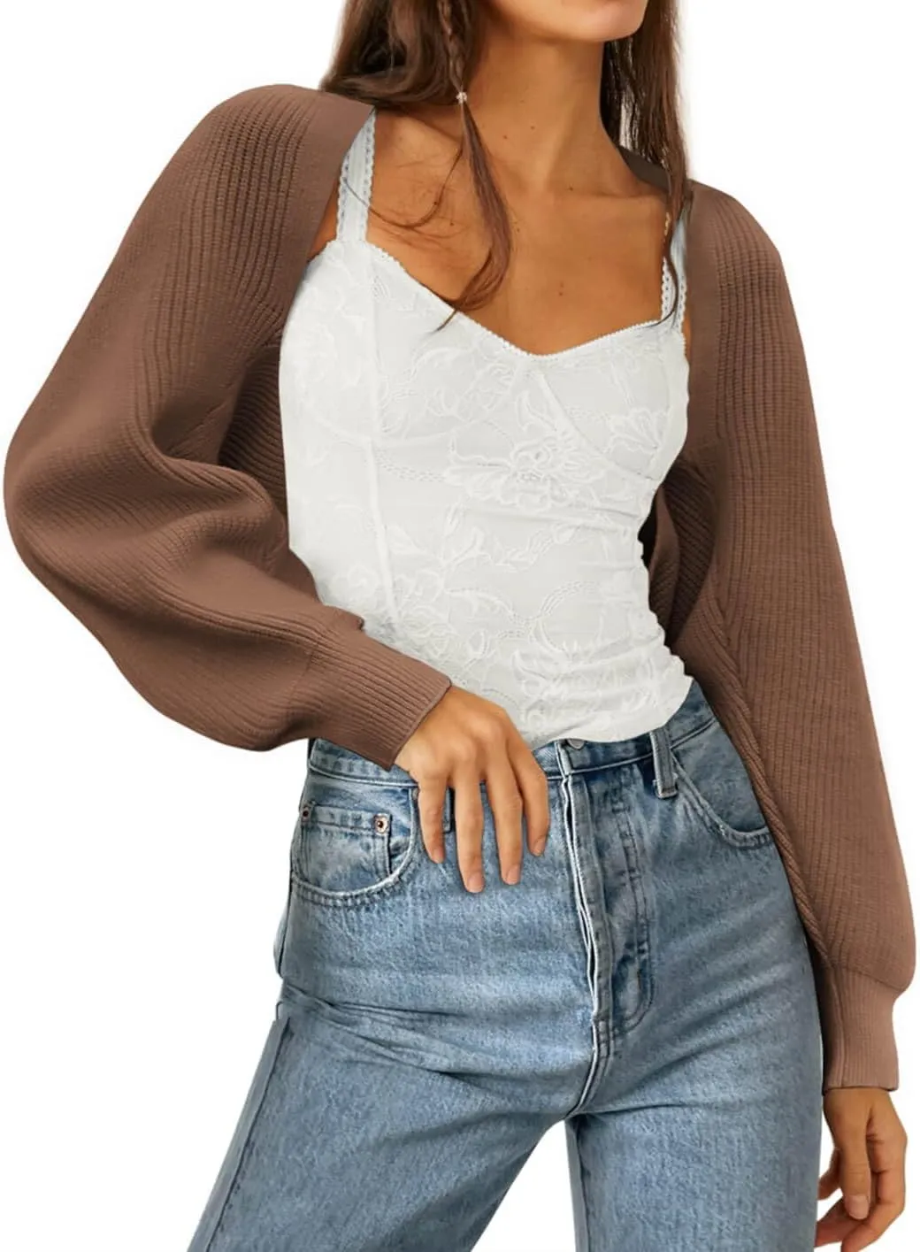 Zwurew Women's Bolero Shrug Sweater 2024 Knitted Long Sleeve Open Front Cropped Cardigan Shrugs Sweaters Y2K Tops