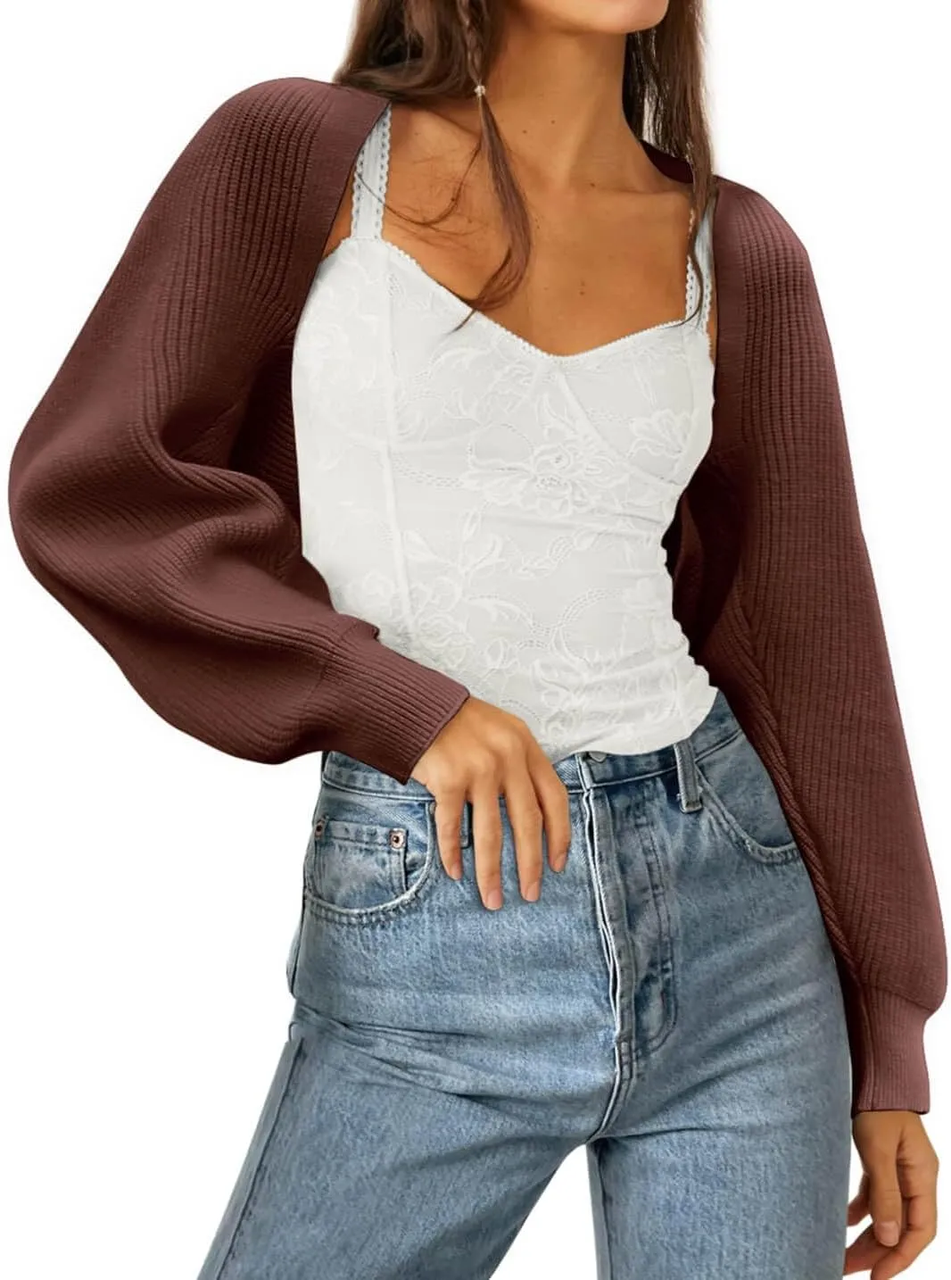 Zwurew Women's Bolero Shrug Sweater 2024 Knitted Long Sleeve Open Front Cropped Cardigan Shrugs Sweaters Y2K Tops